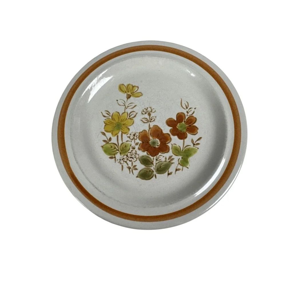 Vintage Floral Stoneware Bread Butter Plates Set 4 Brown Rim‎ 6.5 Inch Japan MCM